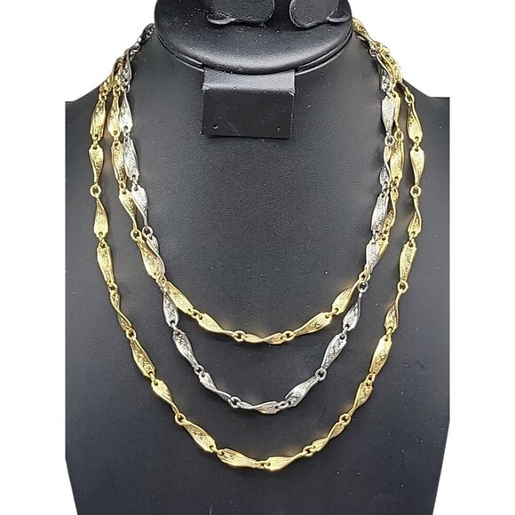 Tortolani Multistrand Necklace 16" Two Tone Triple Chains Curved Inscribed Links - Picture 1 of 15
